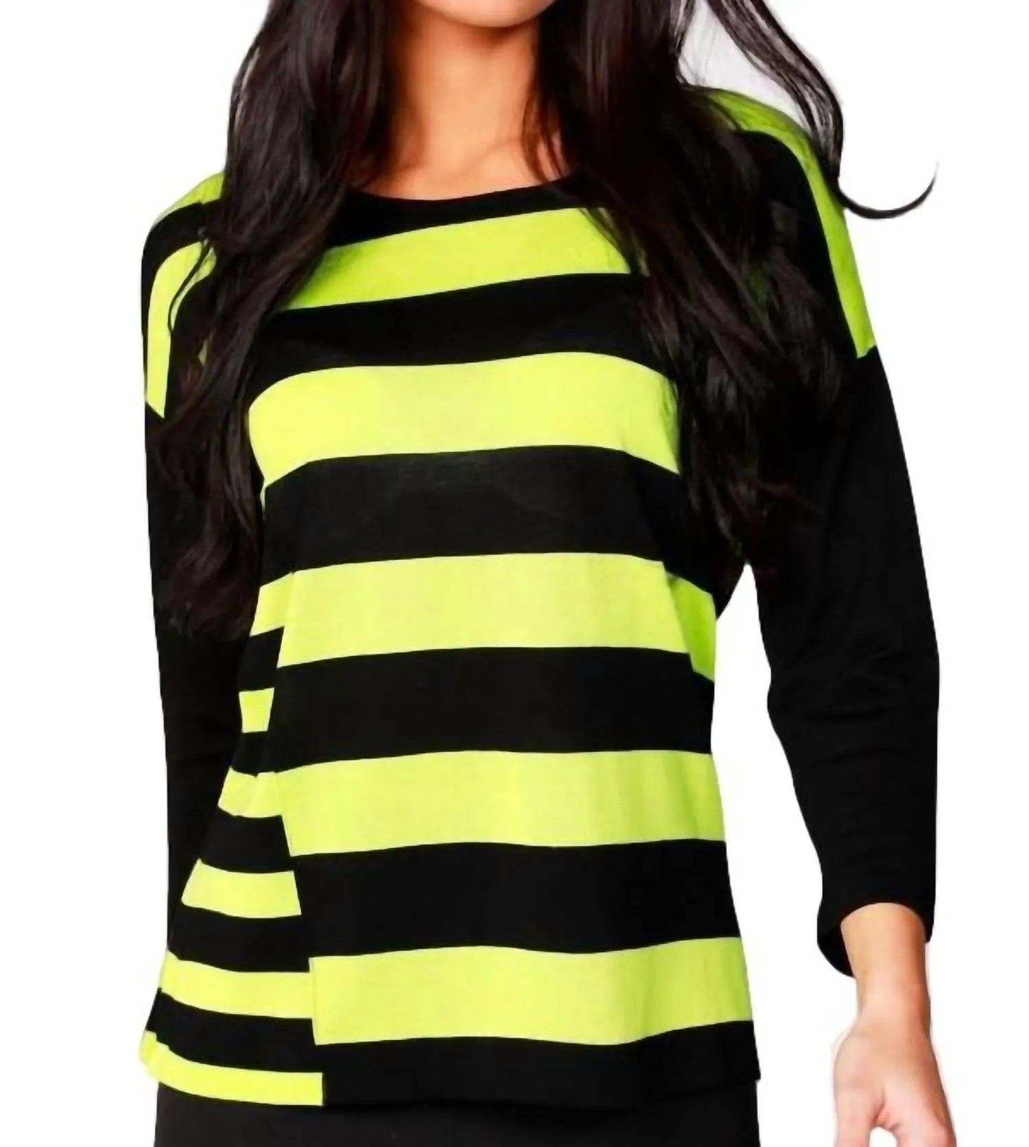3/4 Sleeve Stripe Scoop Neck Sweater In Black/kiwi