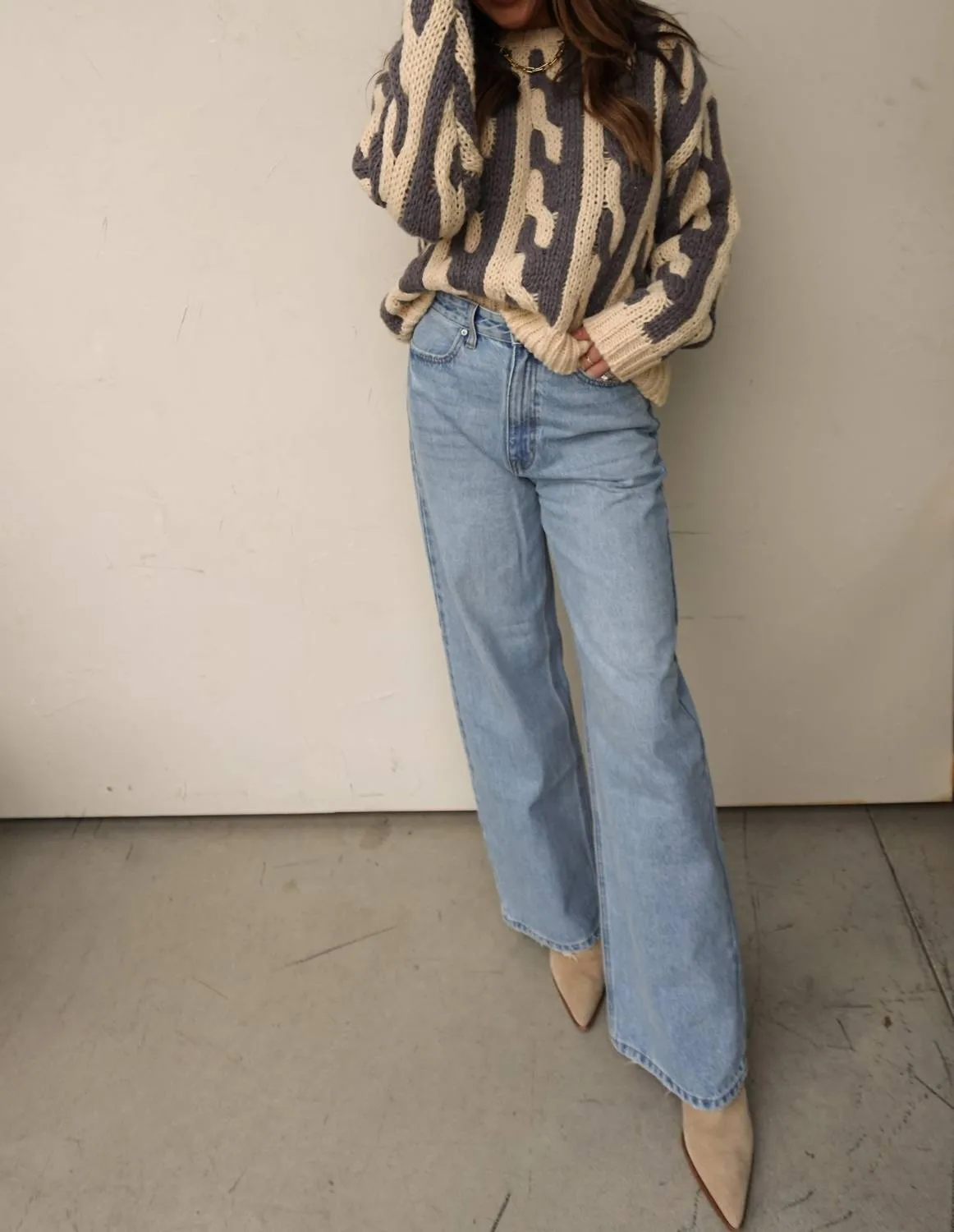 Abstract Chunky Knit Sweater In Gray/ivory