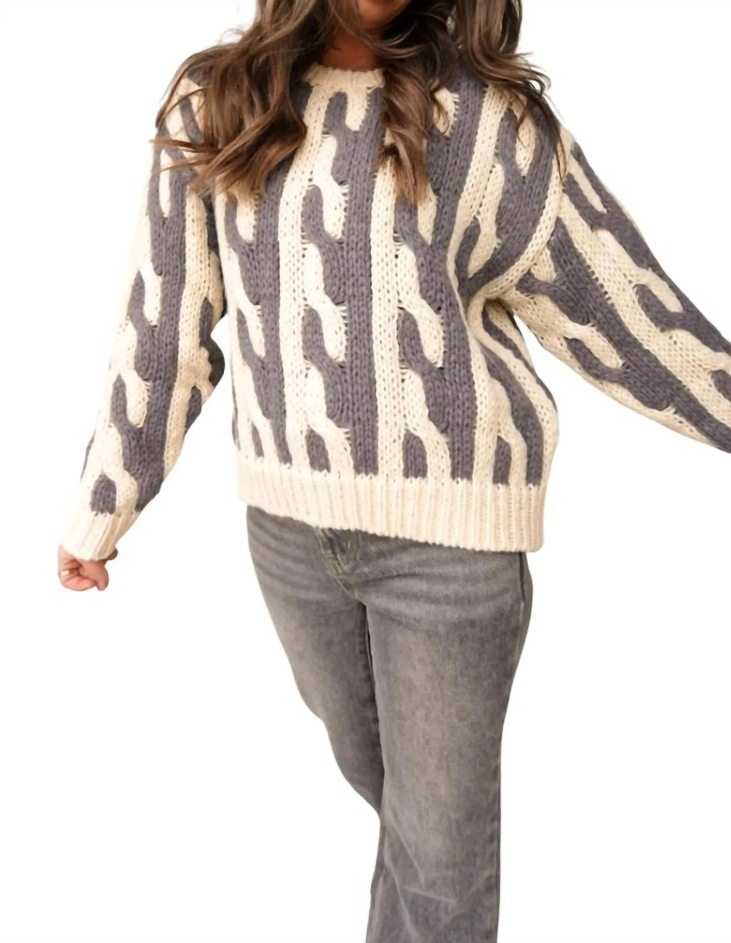 Abstract Chunky Knit Sweater In Gray/ivory