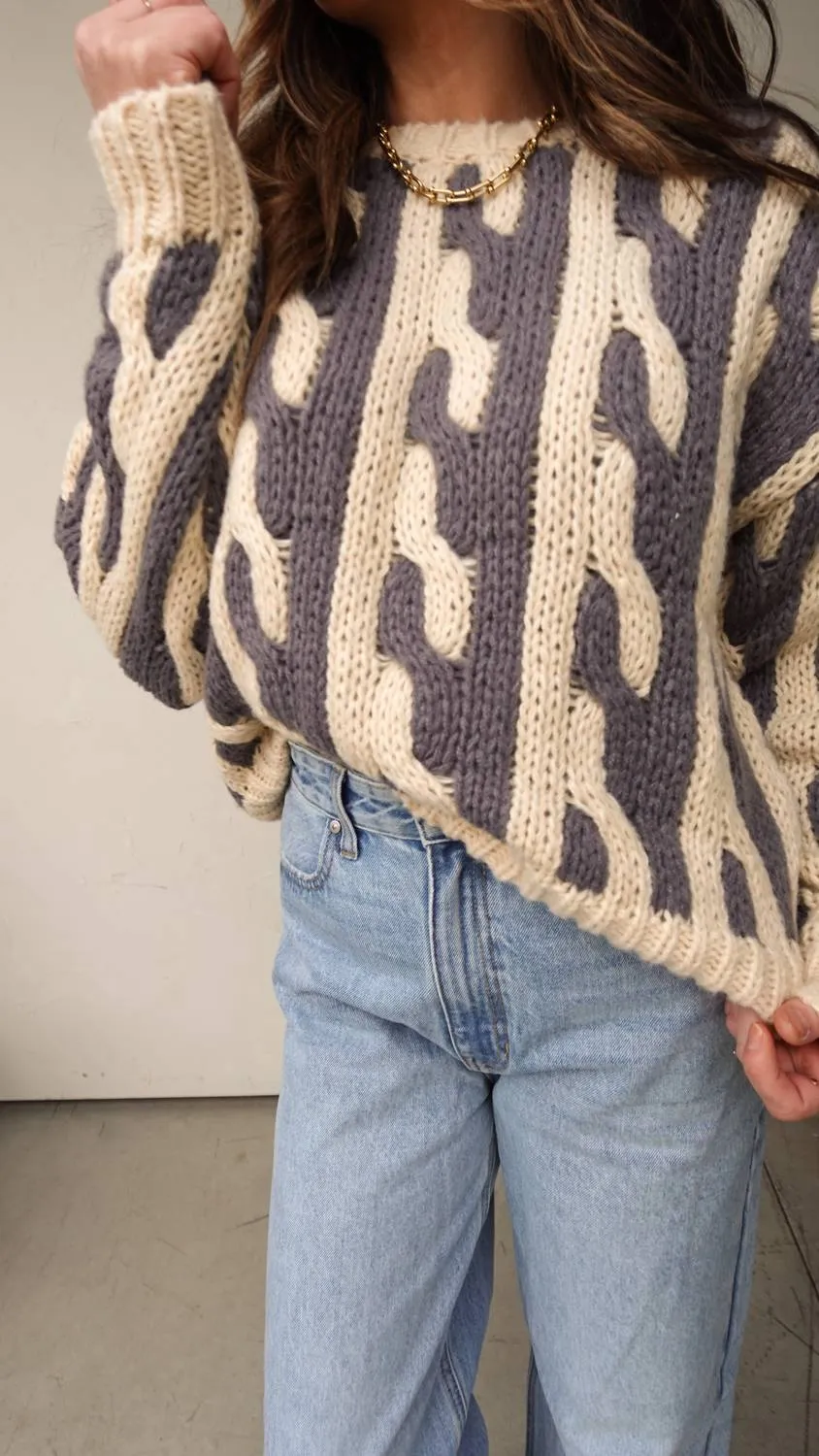 Abstract Chunky Knit Sweater In Gray/ivory