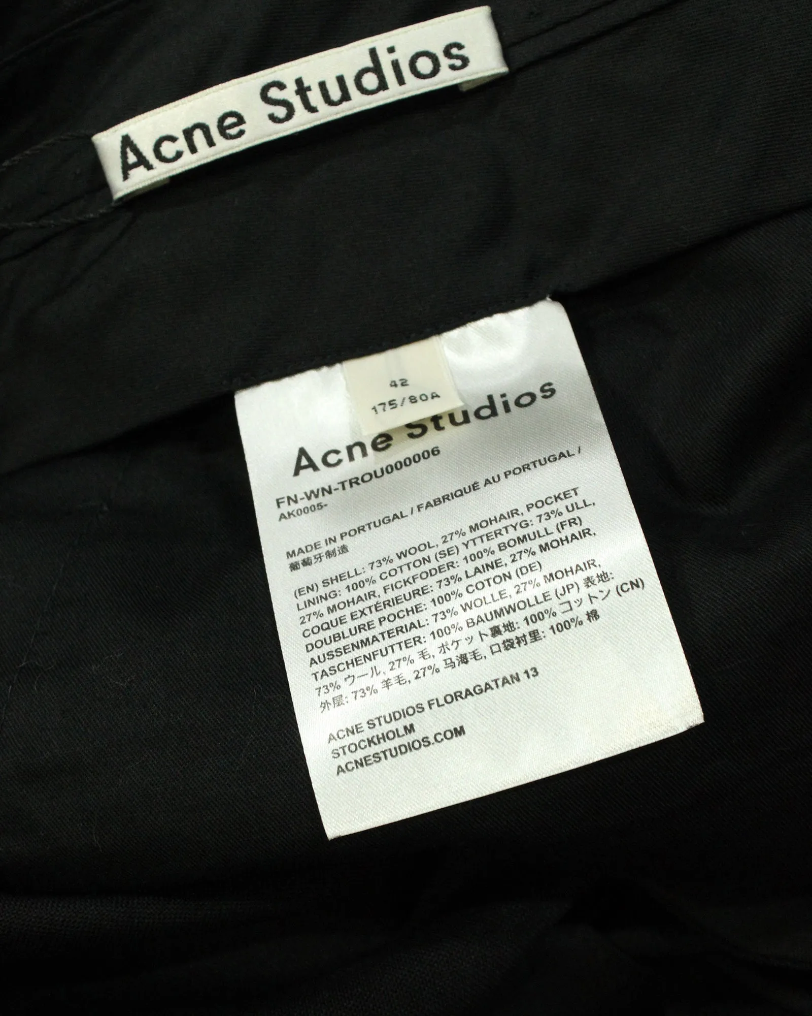 Acne Studios Straight Leg Cropped Trousers in Black Wool Blend