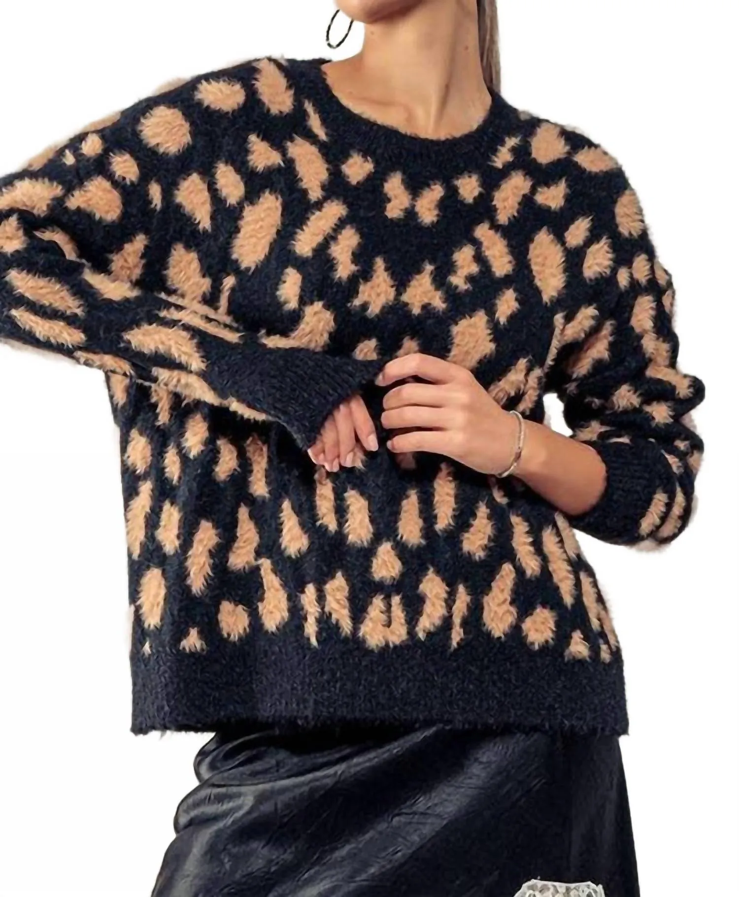 Animal Print Crewneck Sweater In Black