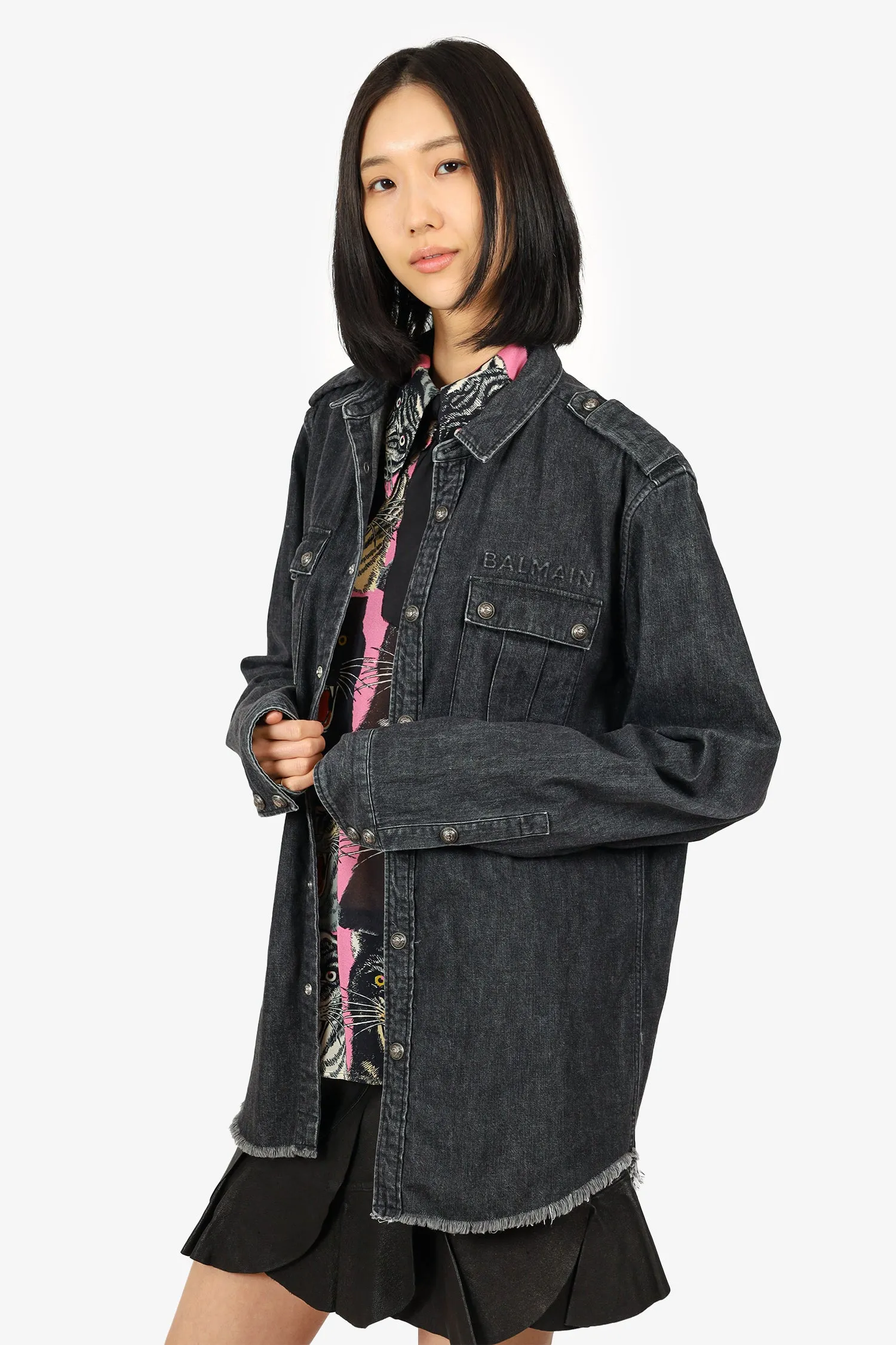 Balmain Black Denim Embossed Logo Shirt Size 41 Mens