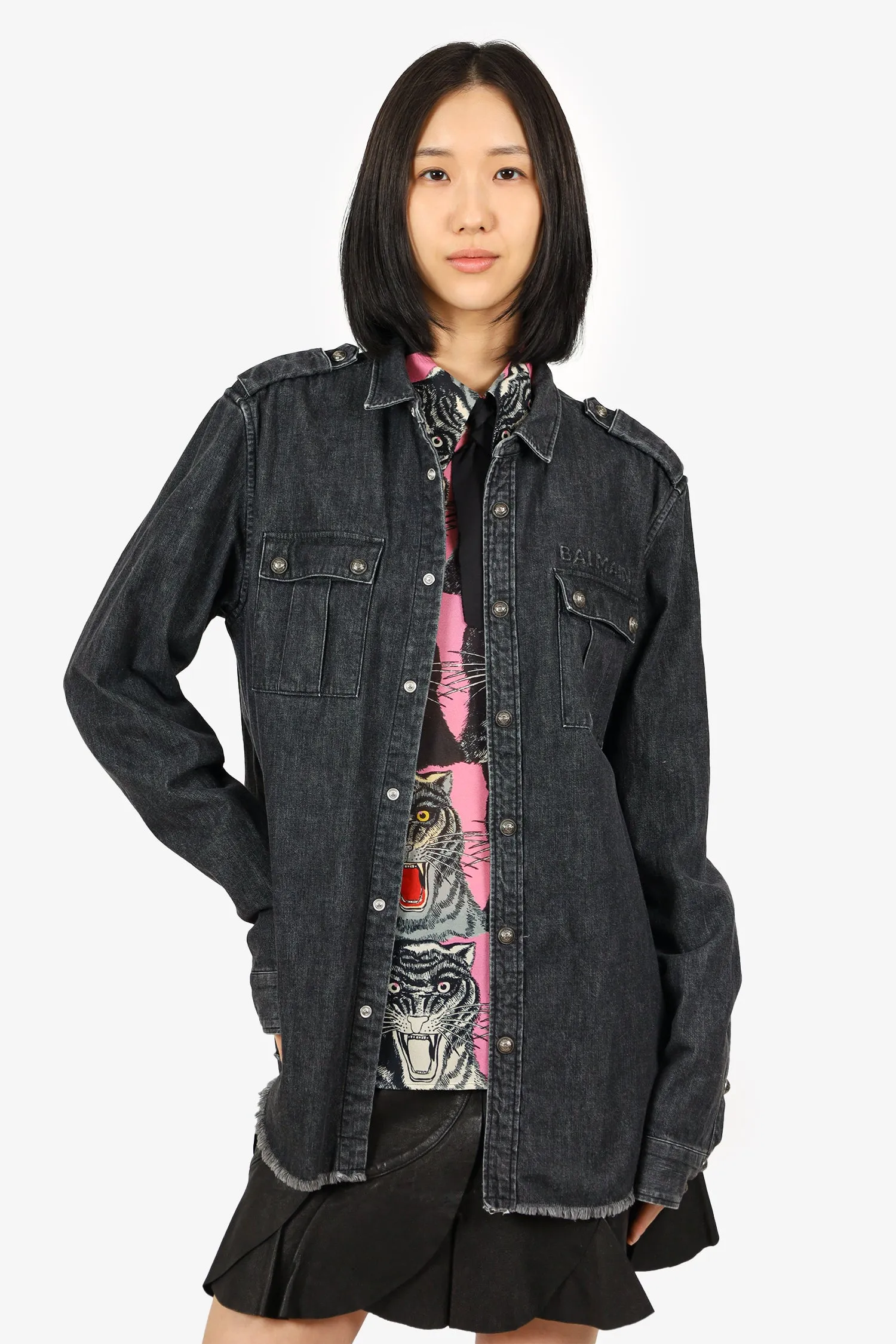 Balmain Black Denim Embossed Logo Shirt Size 41 Mens