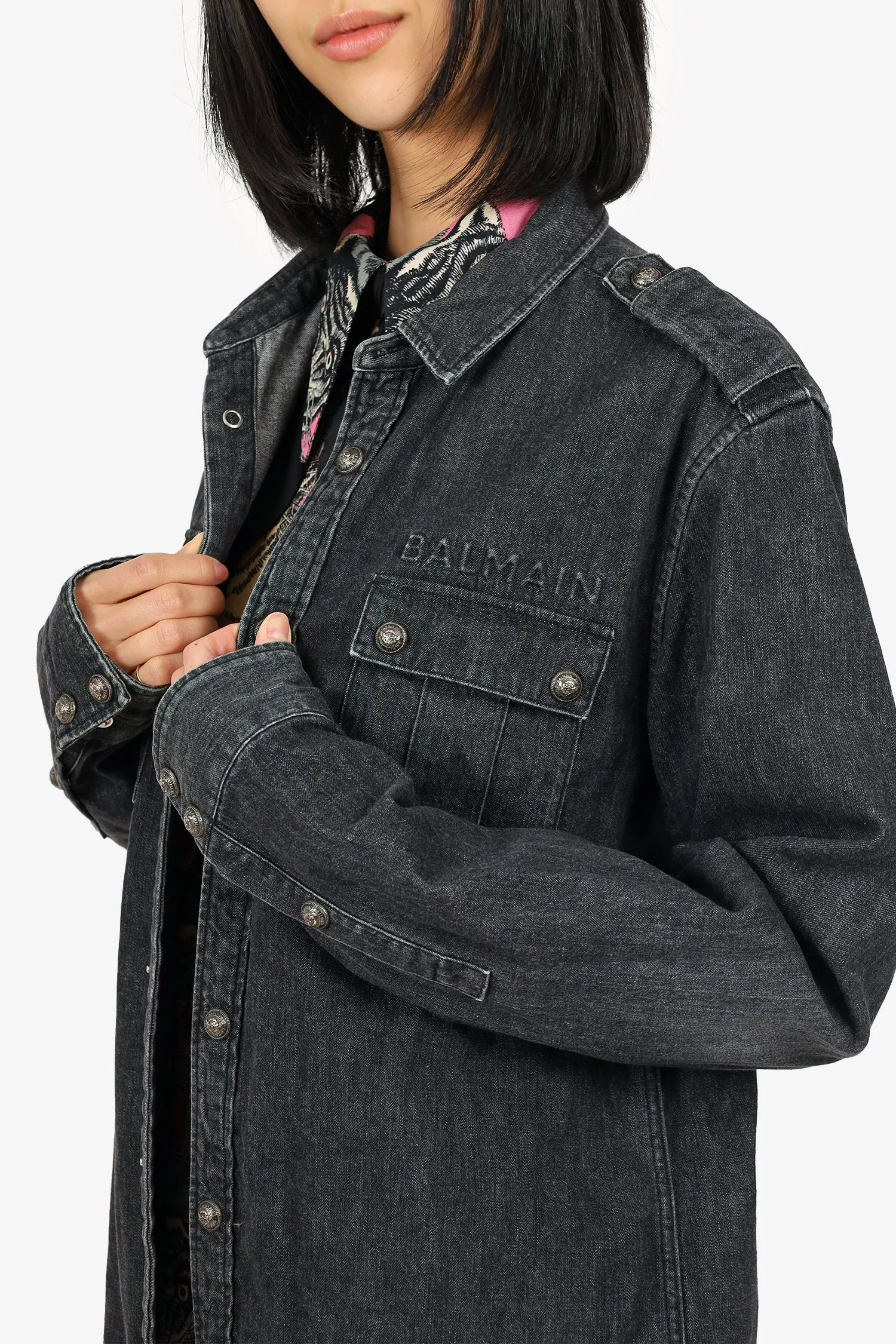Balmain Black Denim Embossed Logo Shirt Size 41 Mens