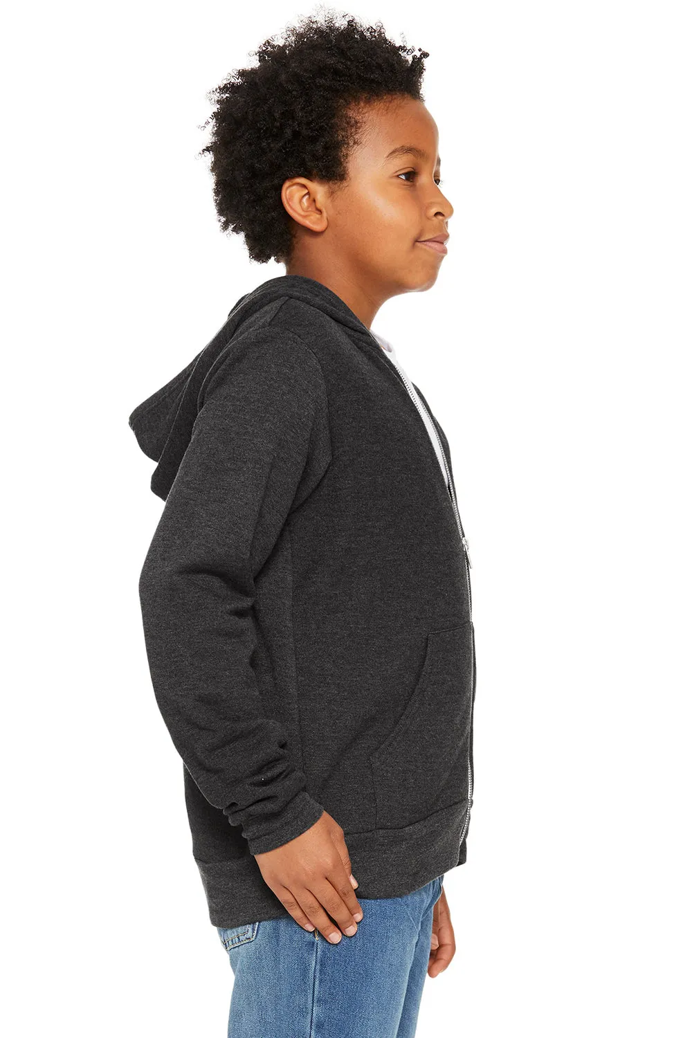 Bella   Canvas Youth Sponge Fleece Full Zip Hooded Sweatshirt Hoodie w/ Pockets - Heather Dark Grey