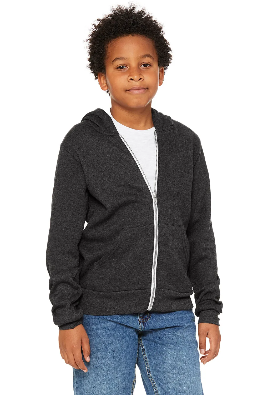 Bella   Canvas Youth Sponge Fleece Full Zip Hooded Sweatshirt Hoodie w/ Pockets - Heather Dark Grey