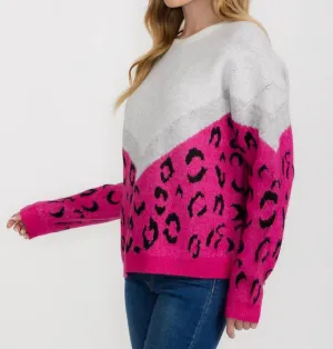 Bold And Cozy Color Block Leopard Sweater In Hot Pink