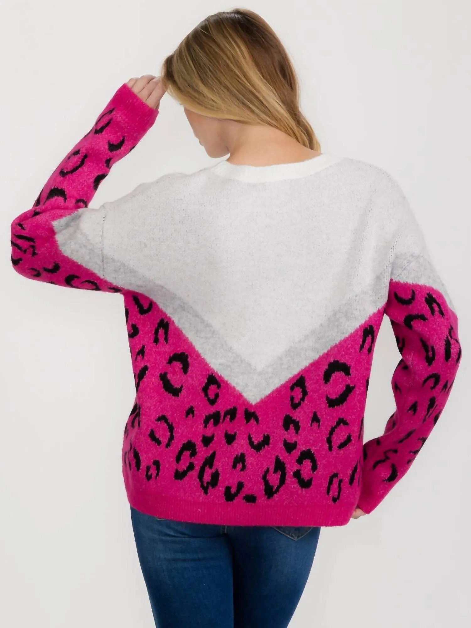 Bold And Cozy Color Block Leopard Sweater In Hot Pink