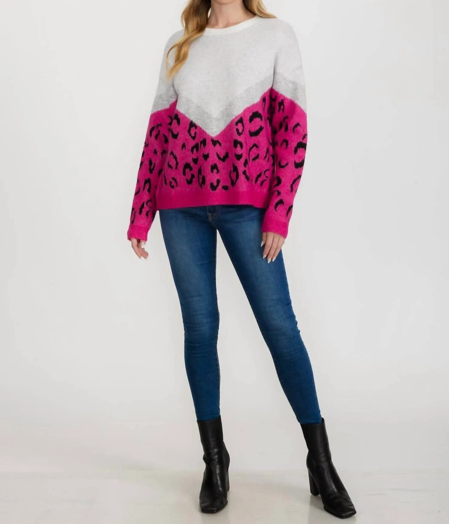 Bold And Cozy Color Block Leopard Sweater In Hot Pink