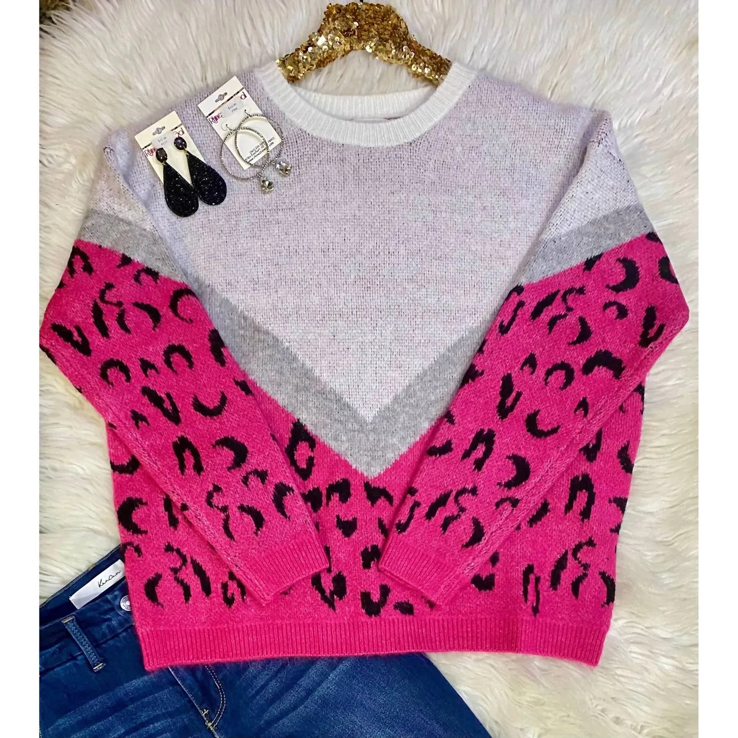 Bold And Cozy Color Block Leopard Sweater In Hot Pink