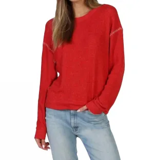 Brushed Waffle Blanket Stitch Sweatshirt In Red