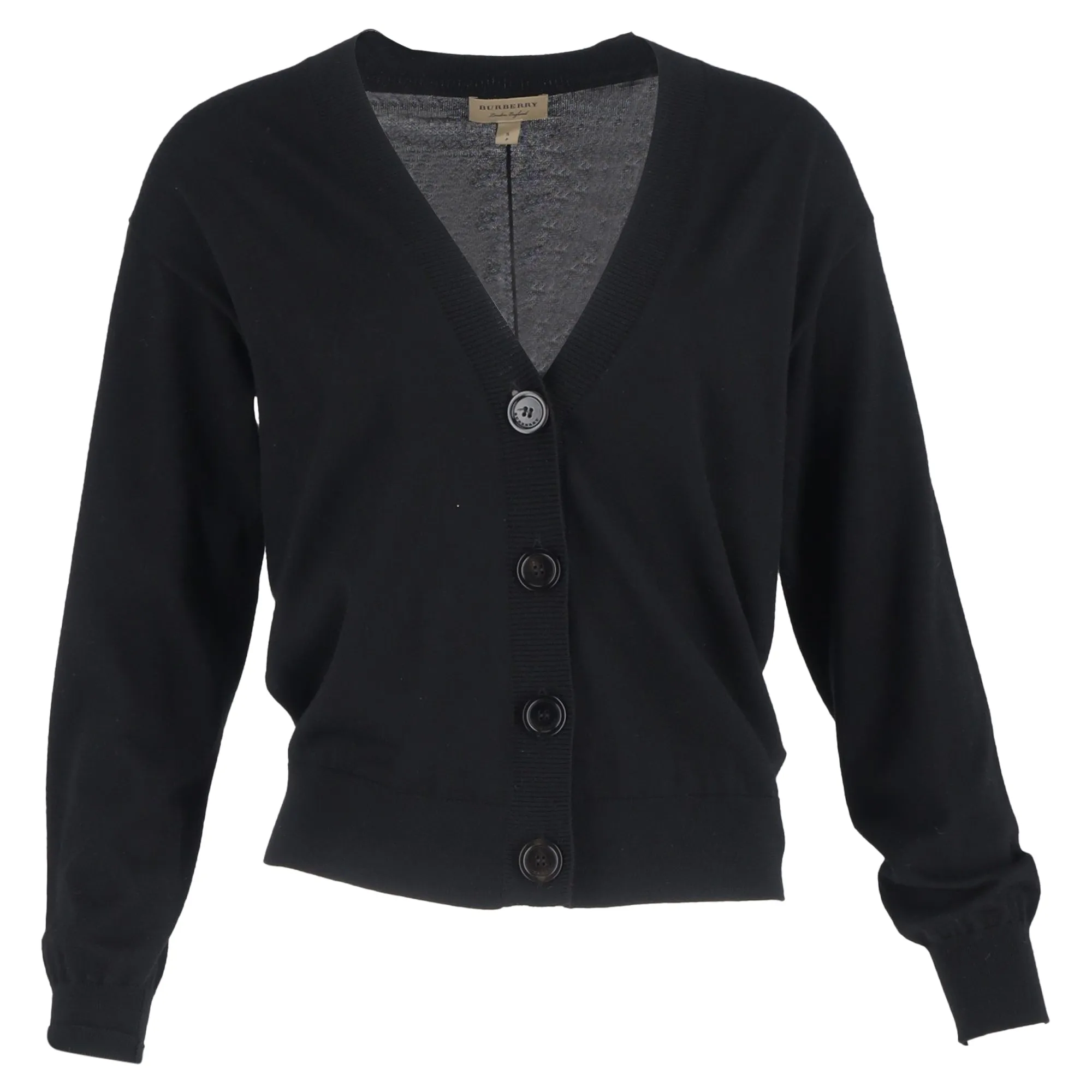 Burberry Checked Elbow Patch Cardigan in Black Wool