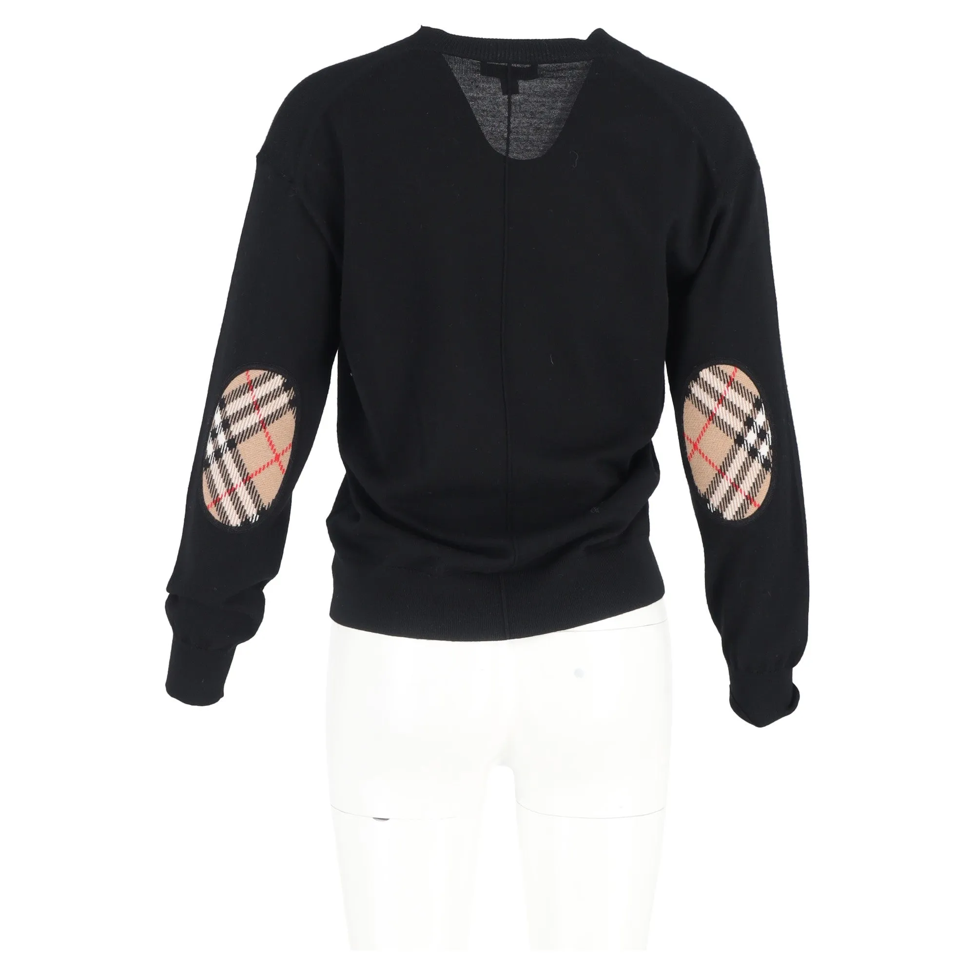 Burberry Checked Elbow Patch Cardigan in Black Wool