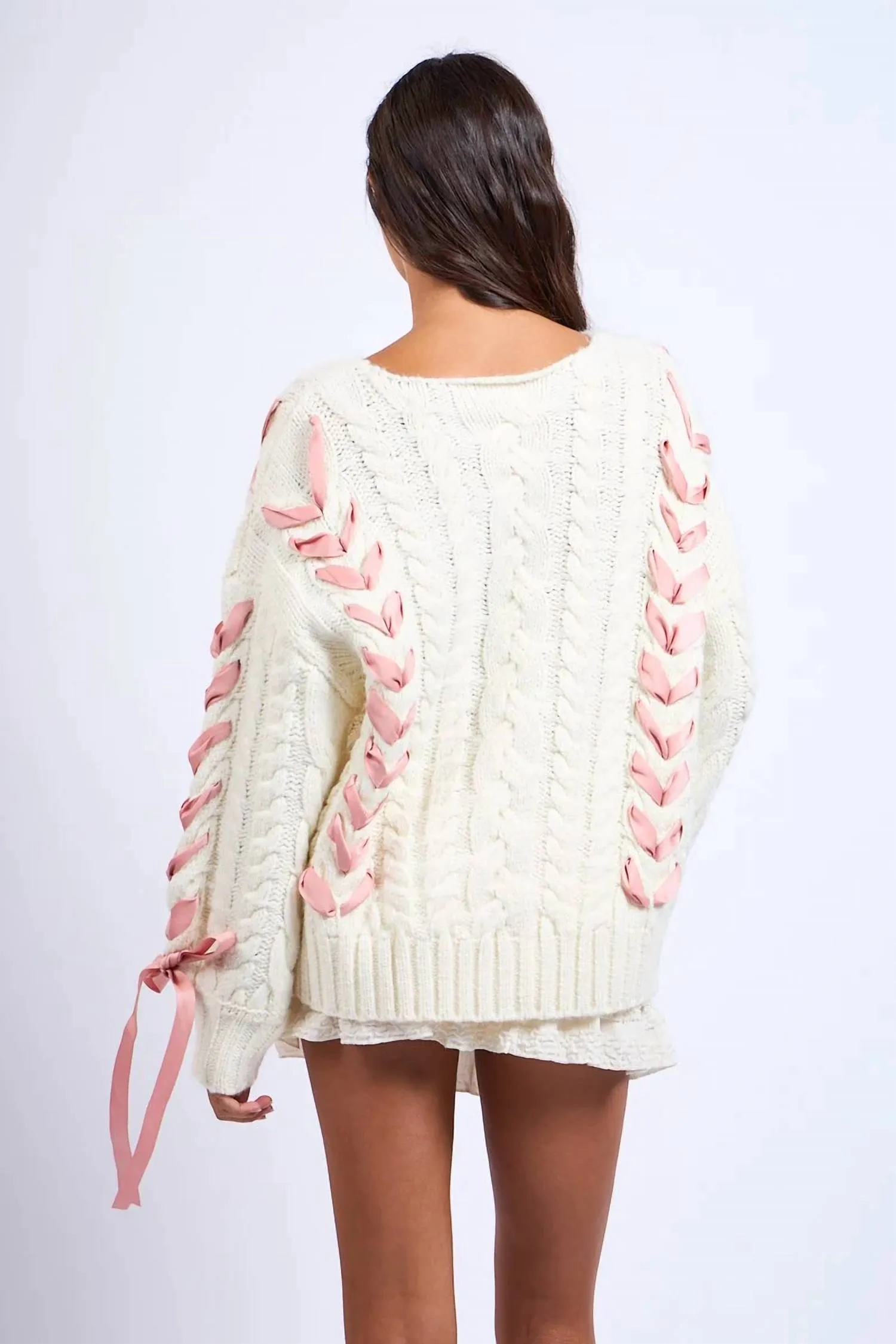 Cable Knit Ribbon Inset Sweater In White