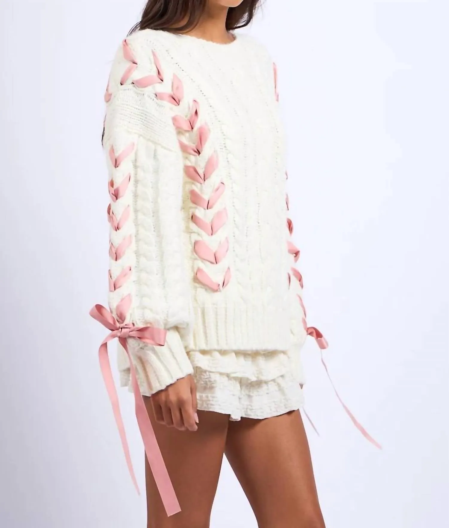 Cable Knit Ribbon Inset Sweater In White