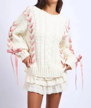 Cable Knit Ribbon Inset Sweater In White