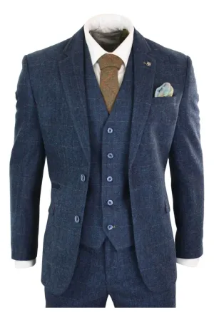 Carnegi 3 Piece Navy Blue Suit Check Tweed