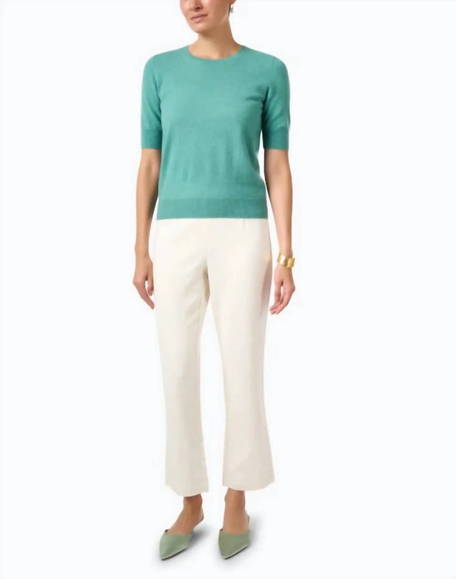 Cashmere Blend Short Sleeve Rib Knit Sweater In Jade Green