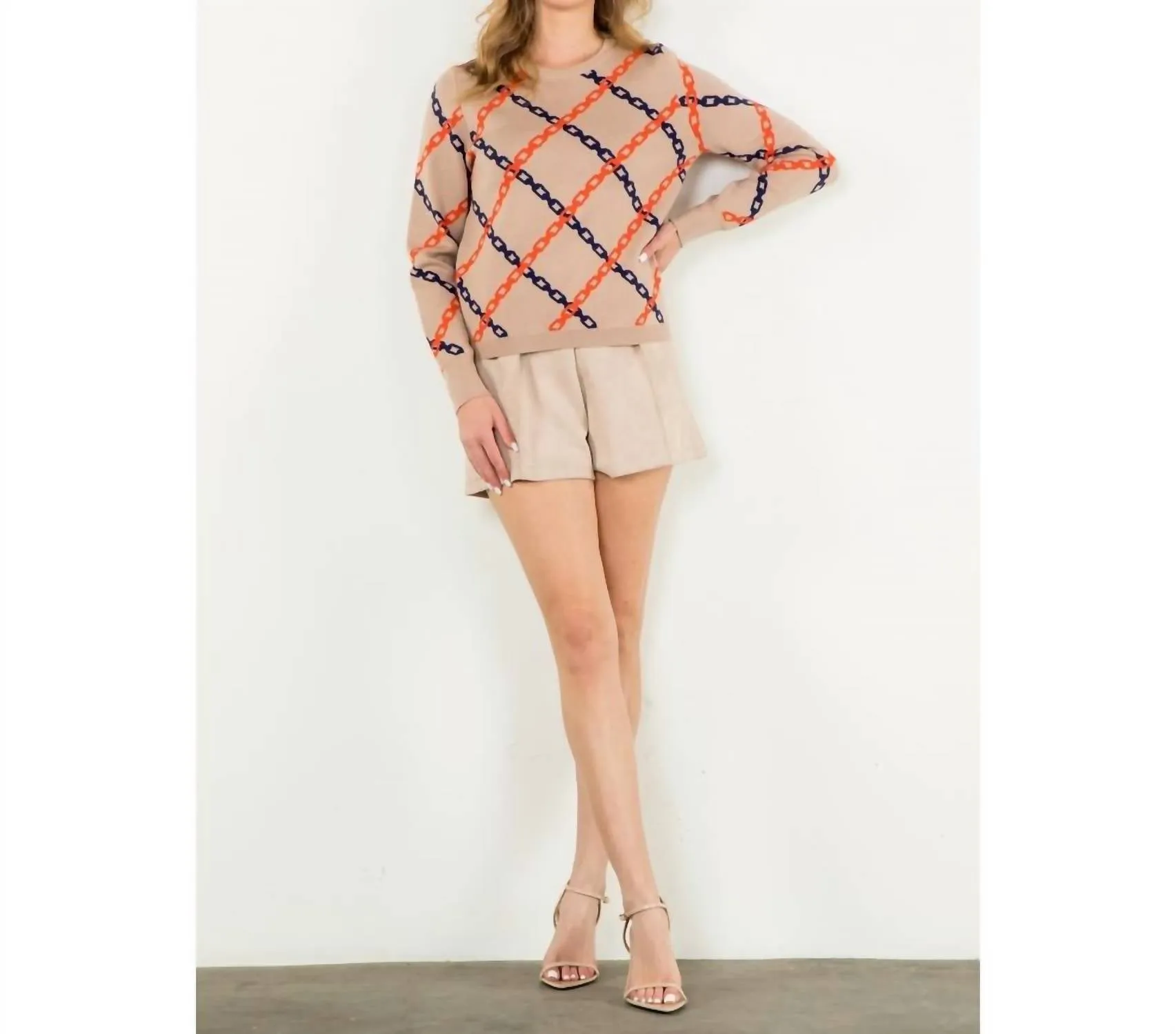 Chain Print Sweater In Beige