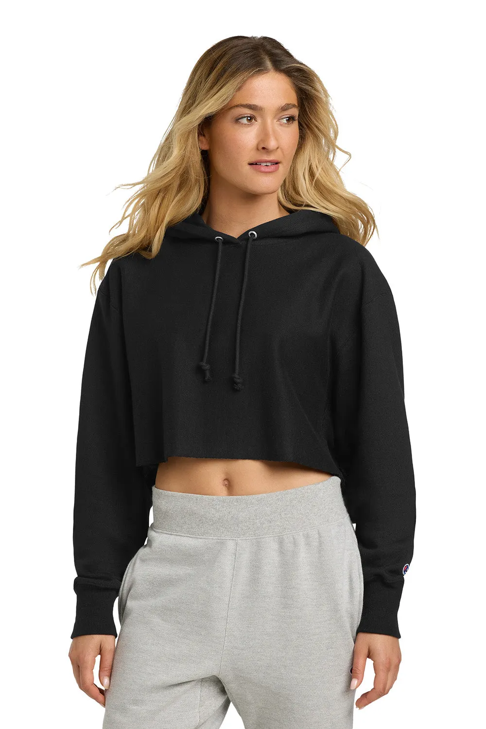 Champion Womens Reverse Weave Cropped Cut Off Hooded Sweatshirt Hoodie - Black