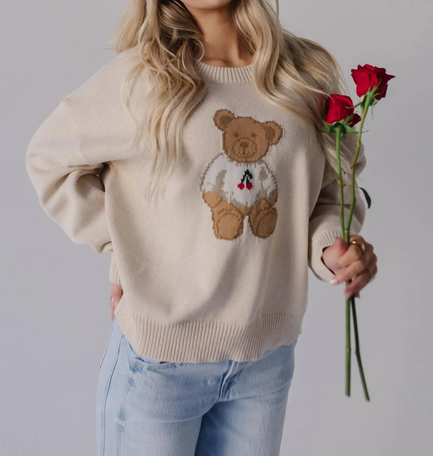 Cherry Bear Sweater In Cream