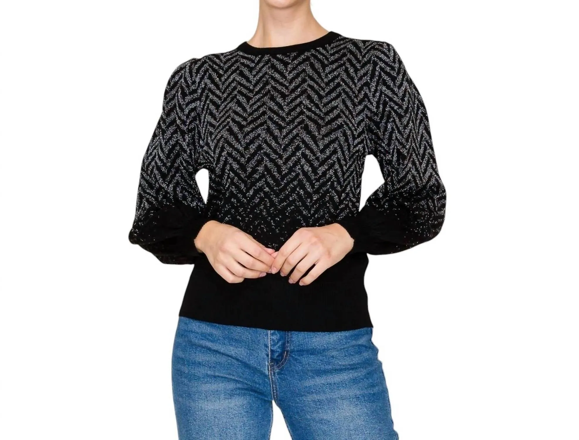 Chevron Pattern Balloon Sleeve Sweater In Black