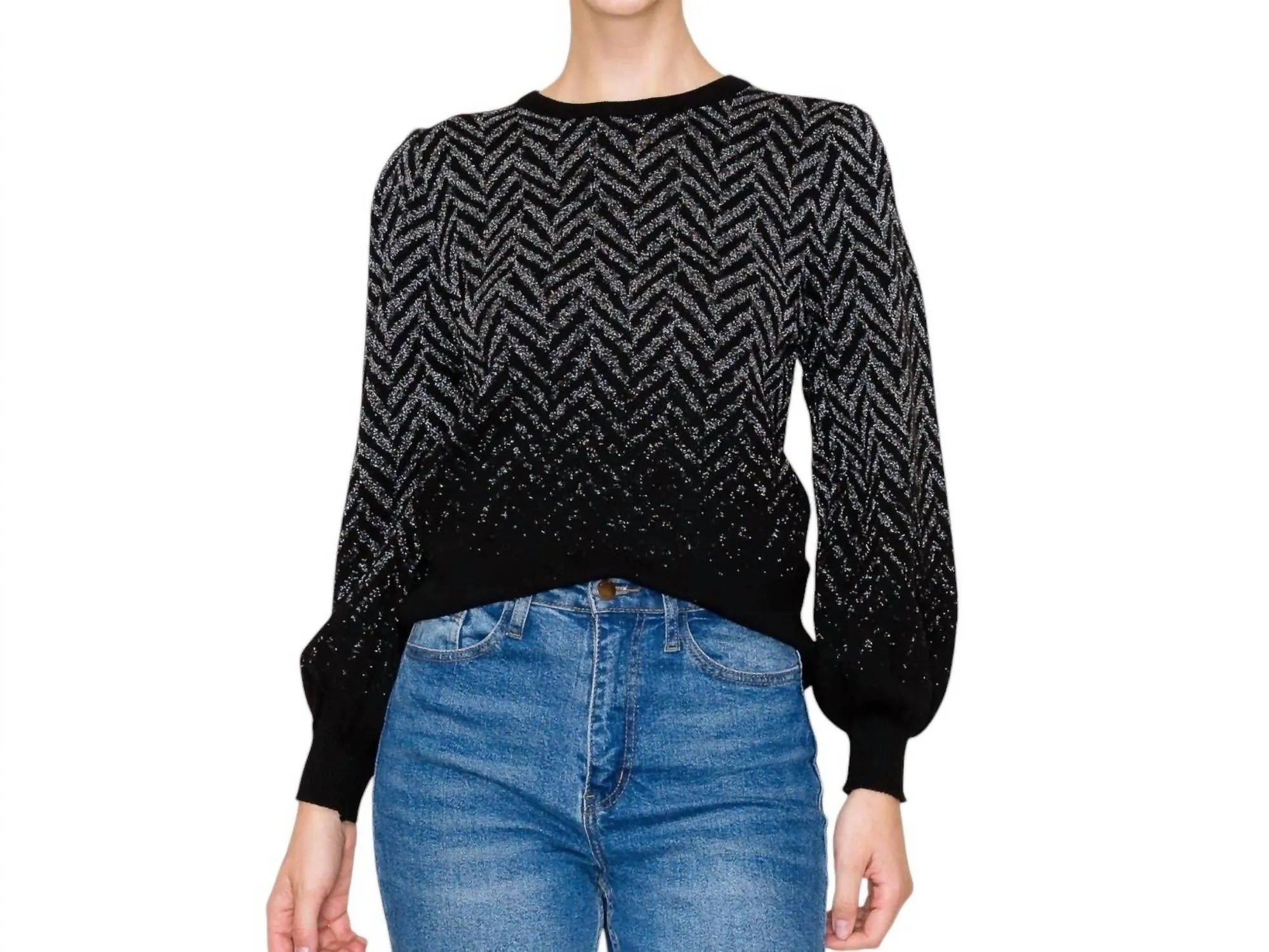 Chevron Pattern Balloon Sleeve Sweater In Black