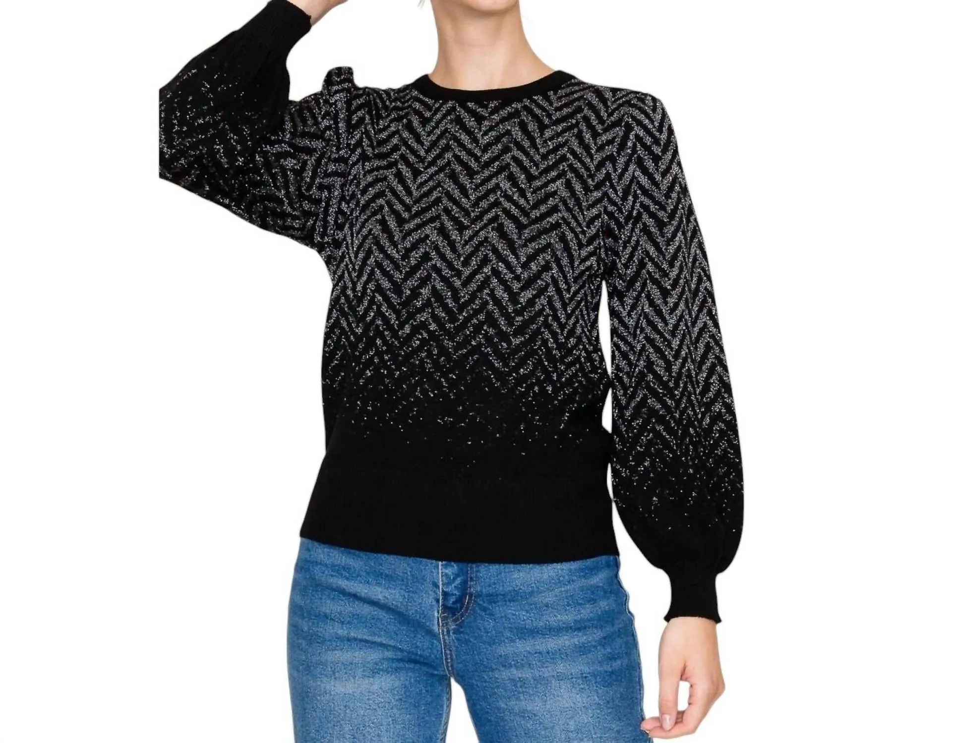 Chevron Pattern Balloon Sleeve Sweater In Black