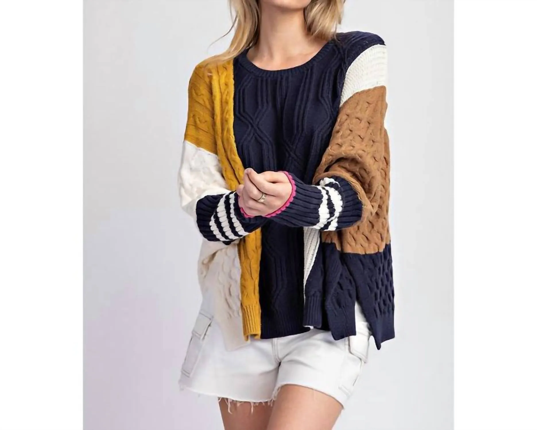 Color Block Long Sleeve Sweater In Navy/mustard