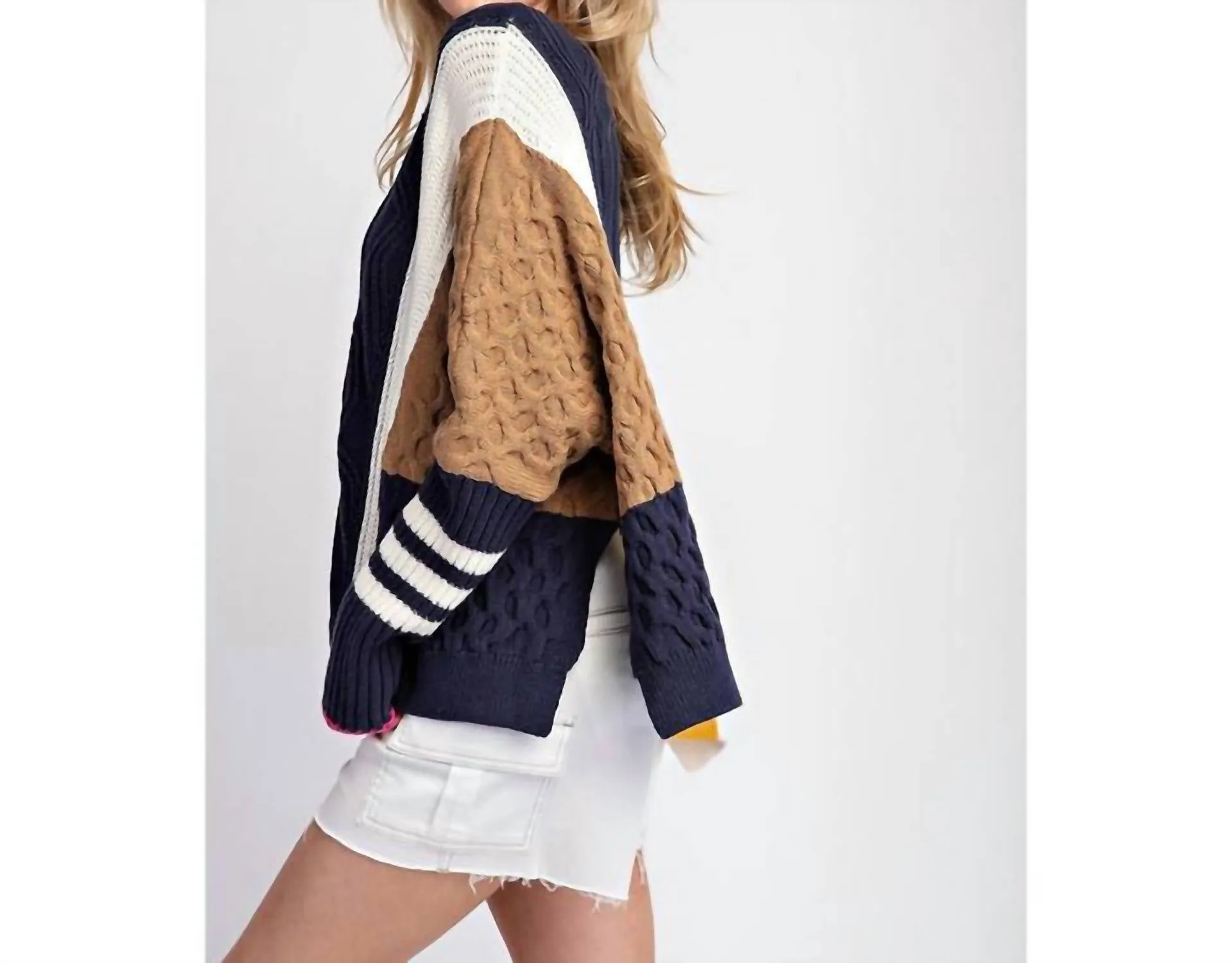 Color Block Long Sleeve Sweater In Navy/mustard