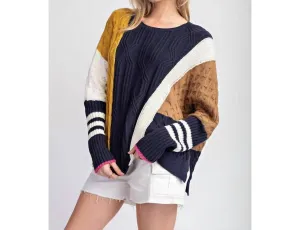 Color Block Long Sleeve Sweater In Navy/mustard