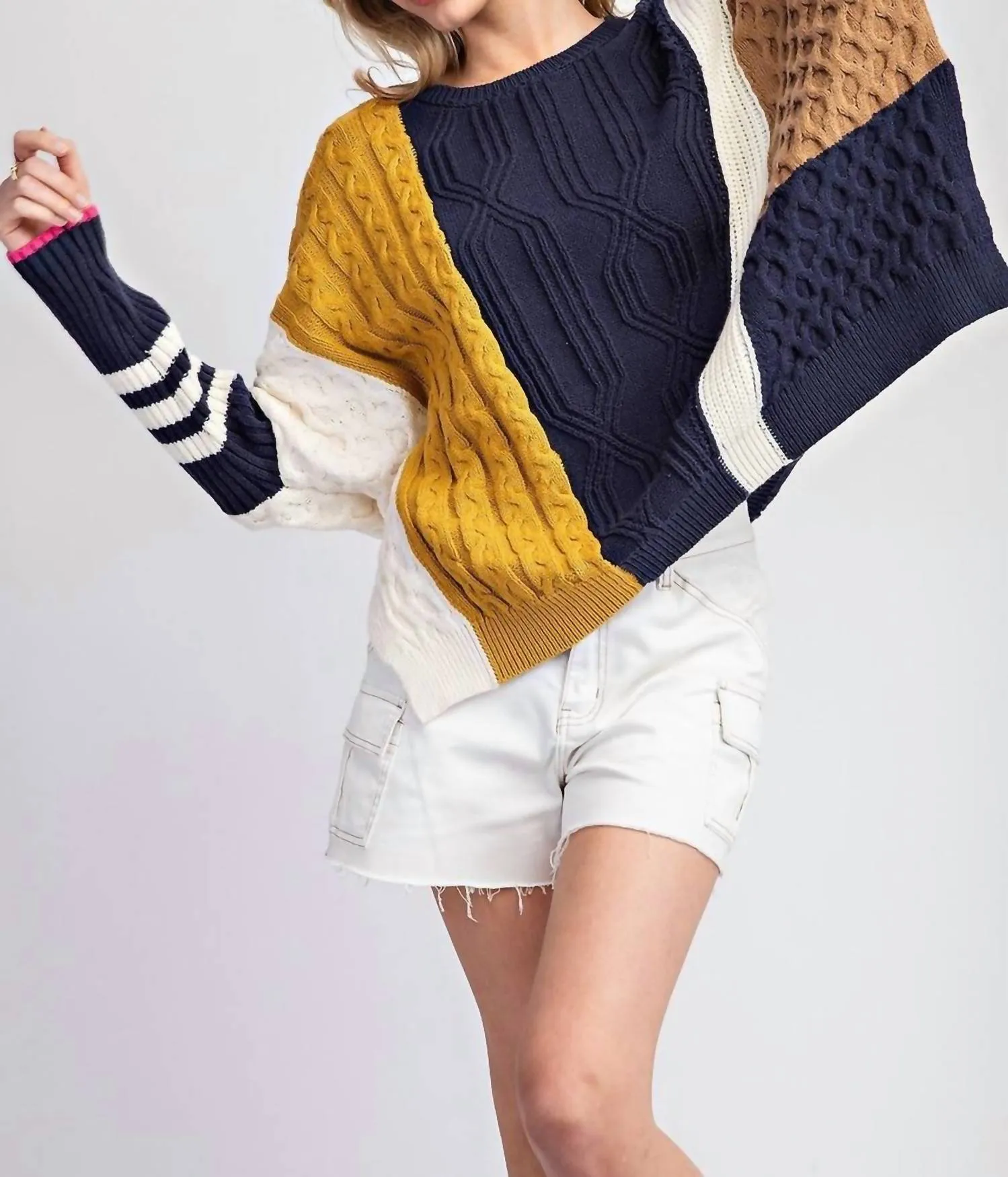 Color Block Long Sleeve Sweater In Navy/mustard