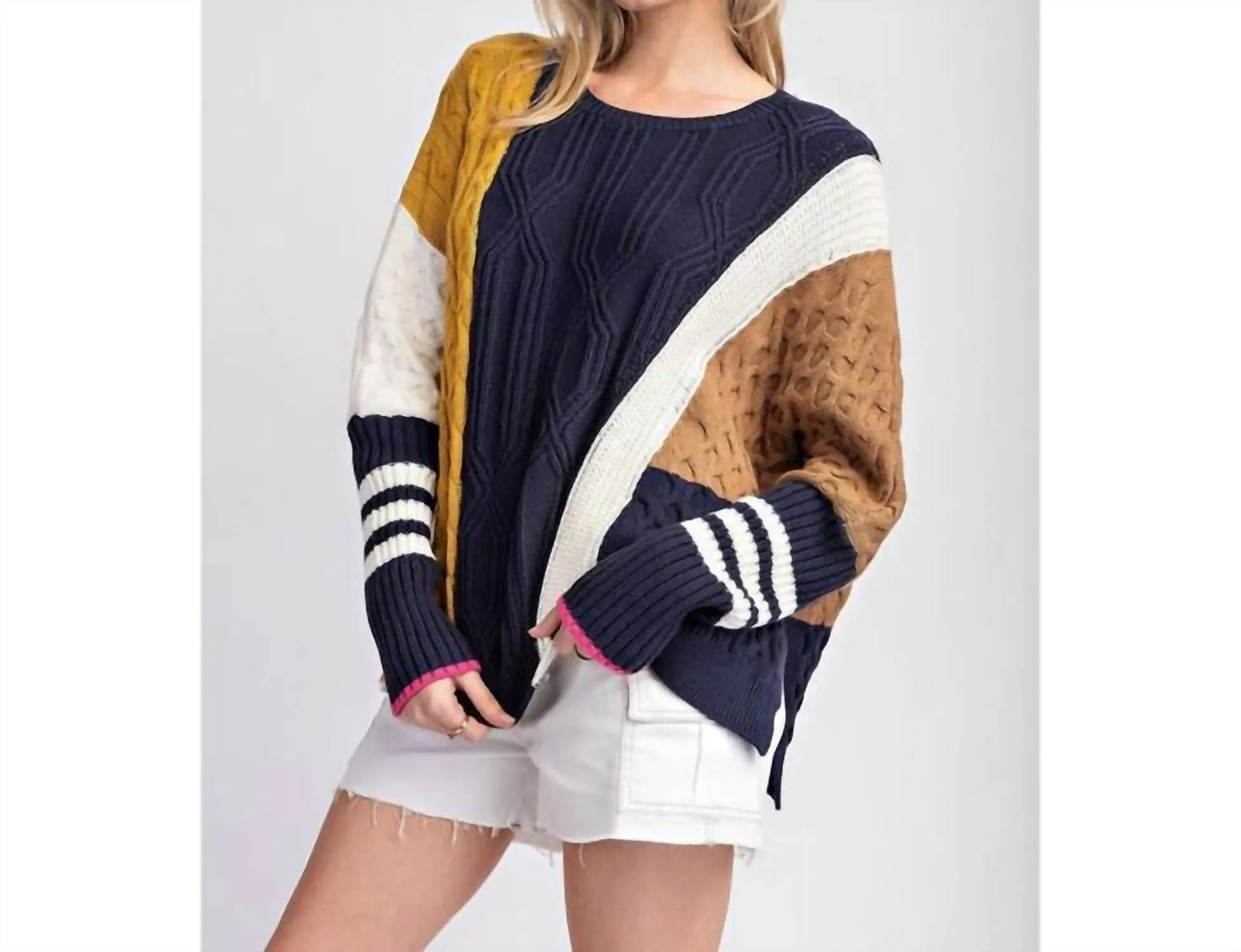 Color Block Long Sleeve Sweater In Navy/mustard