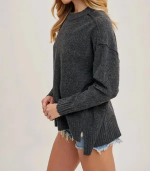 Crew Neck Knit Sweater Pullover In Charcoal