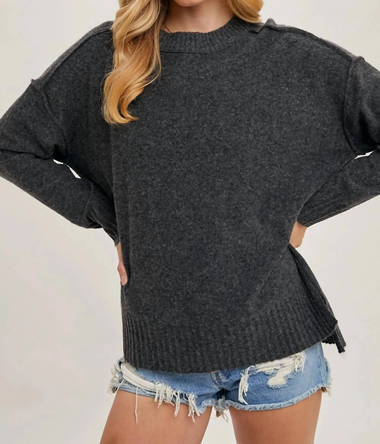 Crew Neck Knit Sweater Pullover In Charcoal
