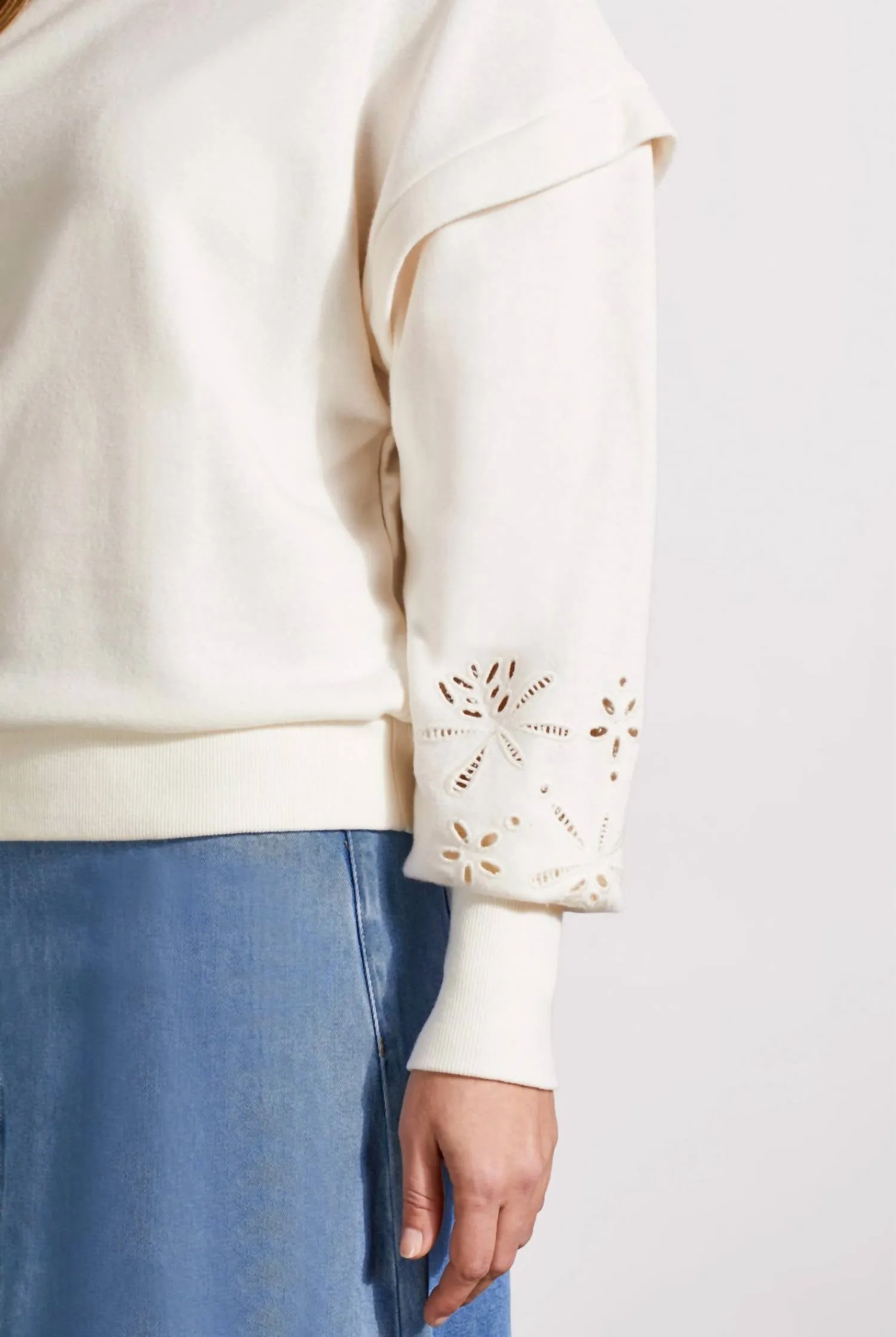 Crew Neck Pullover Cutout Sleeve In Eggshell