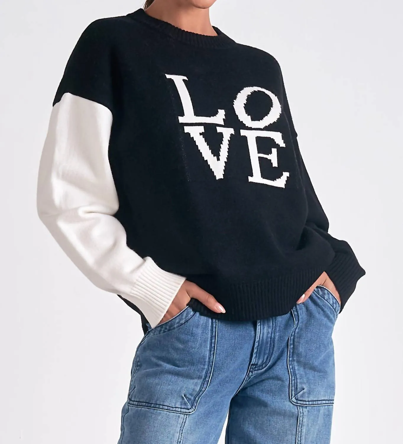 Crewneck Love Colorblock Sweater In Black/off White