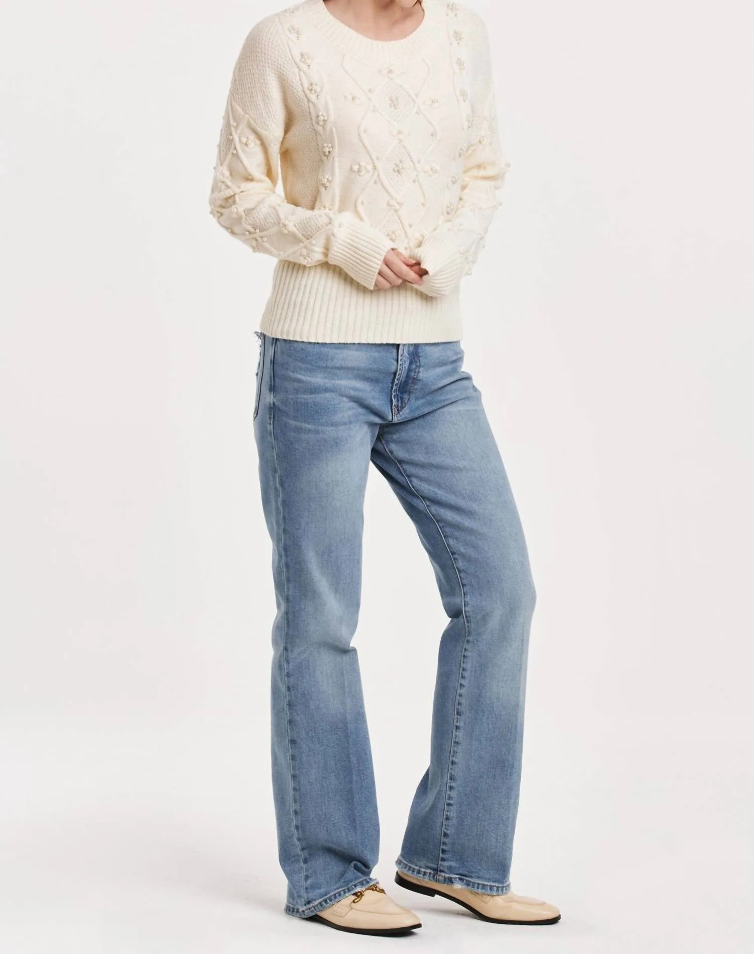 Dania Cable Knit Sweater W/pearl Detail In White