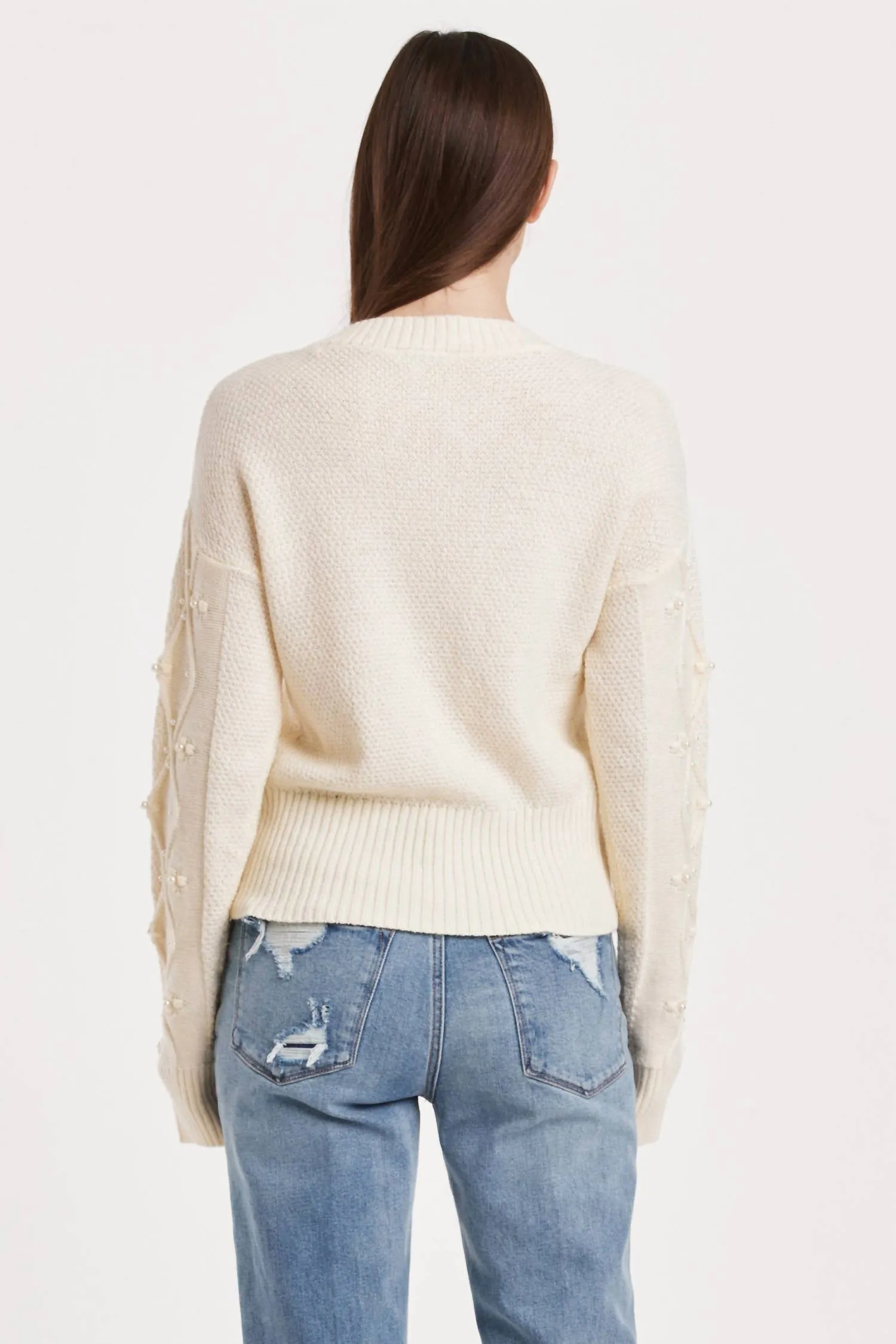 Dania Cable Knit Sweater W/pearl Detail In White