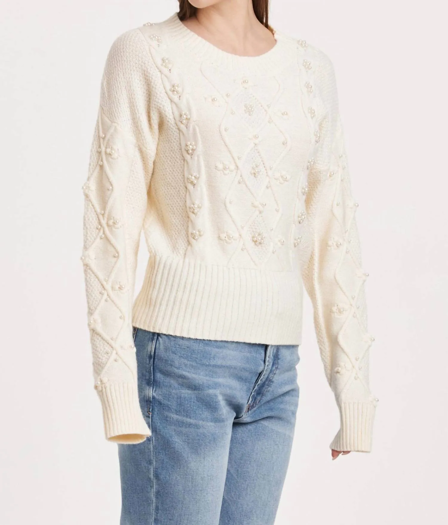 Dania Cable Knit Sweater W/pearl Detail In White