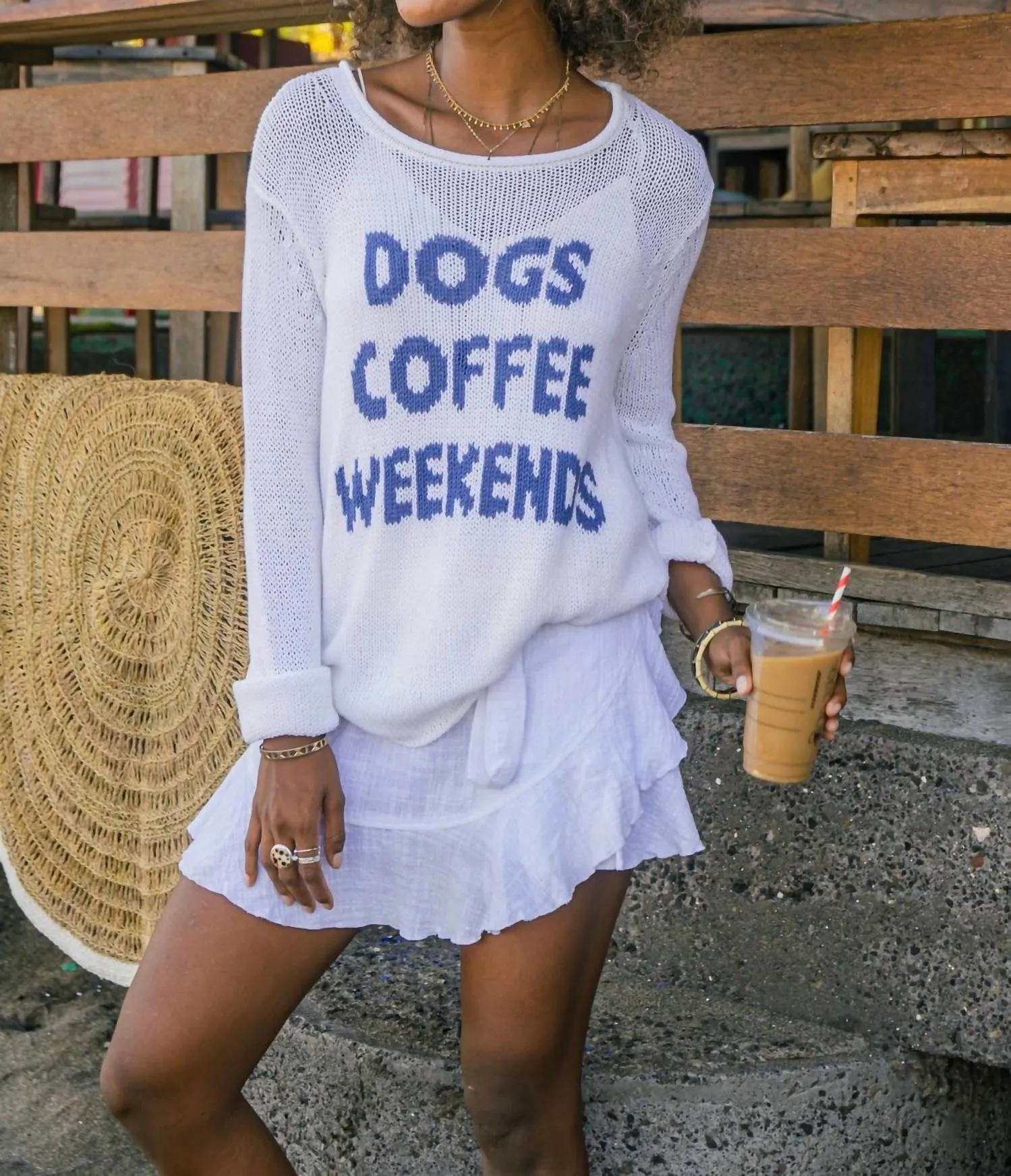 Dogs Coffee Weekends Cotton Crew Sweater In Breaker White/denim Heather