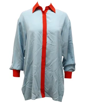Etro Button Down Shirt with Red Accents in Blue Silk