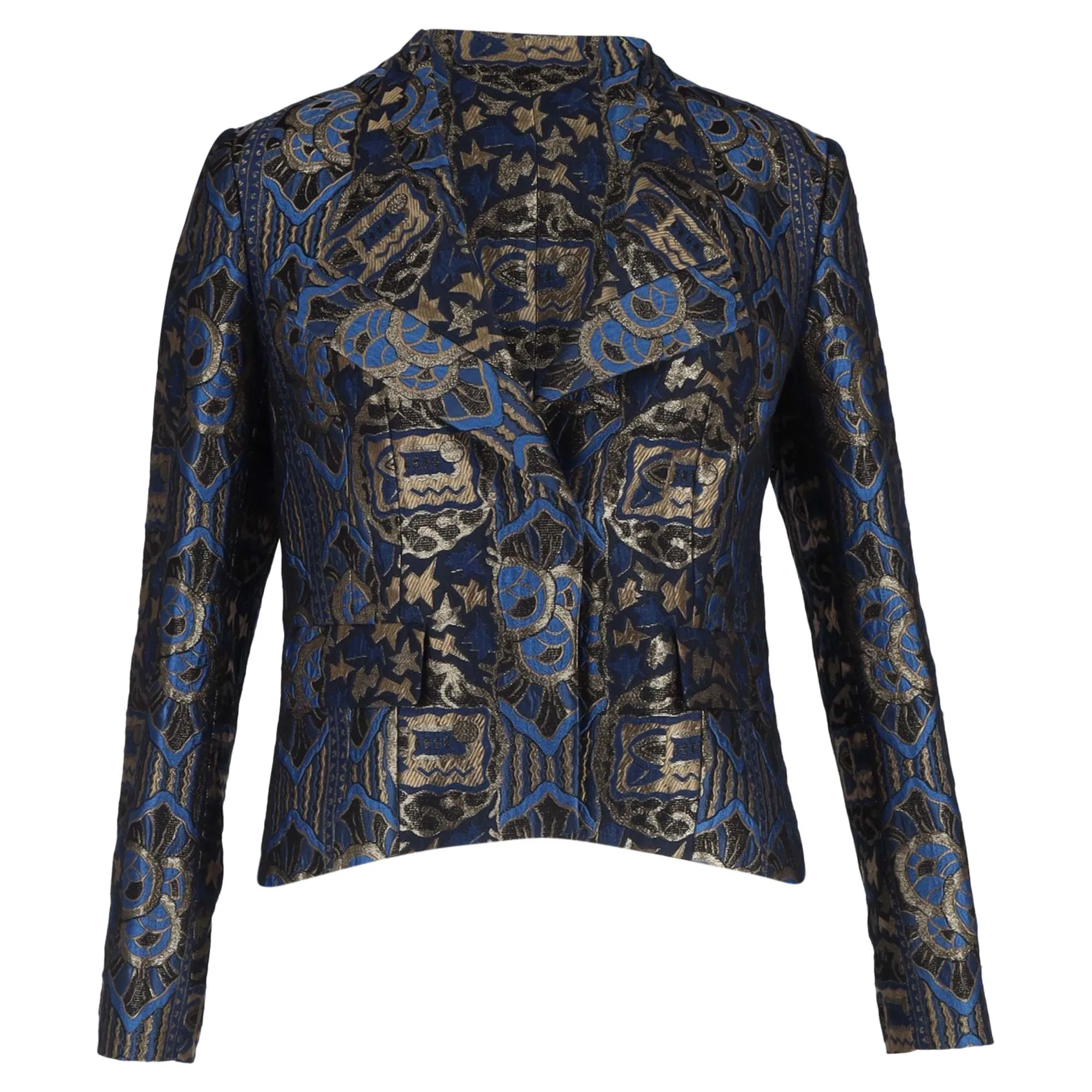 Etro Lurex Embroidered Jacquard Blazer in Blue and Gold Silk