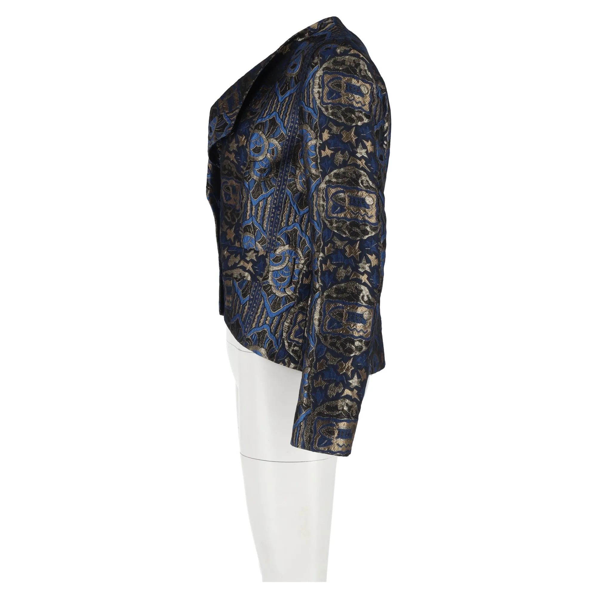 Etro Lurex Embroidered Jacquard Blazer in Blue and Gold Silk
