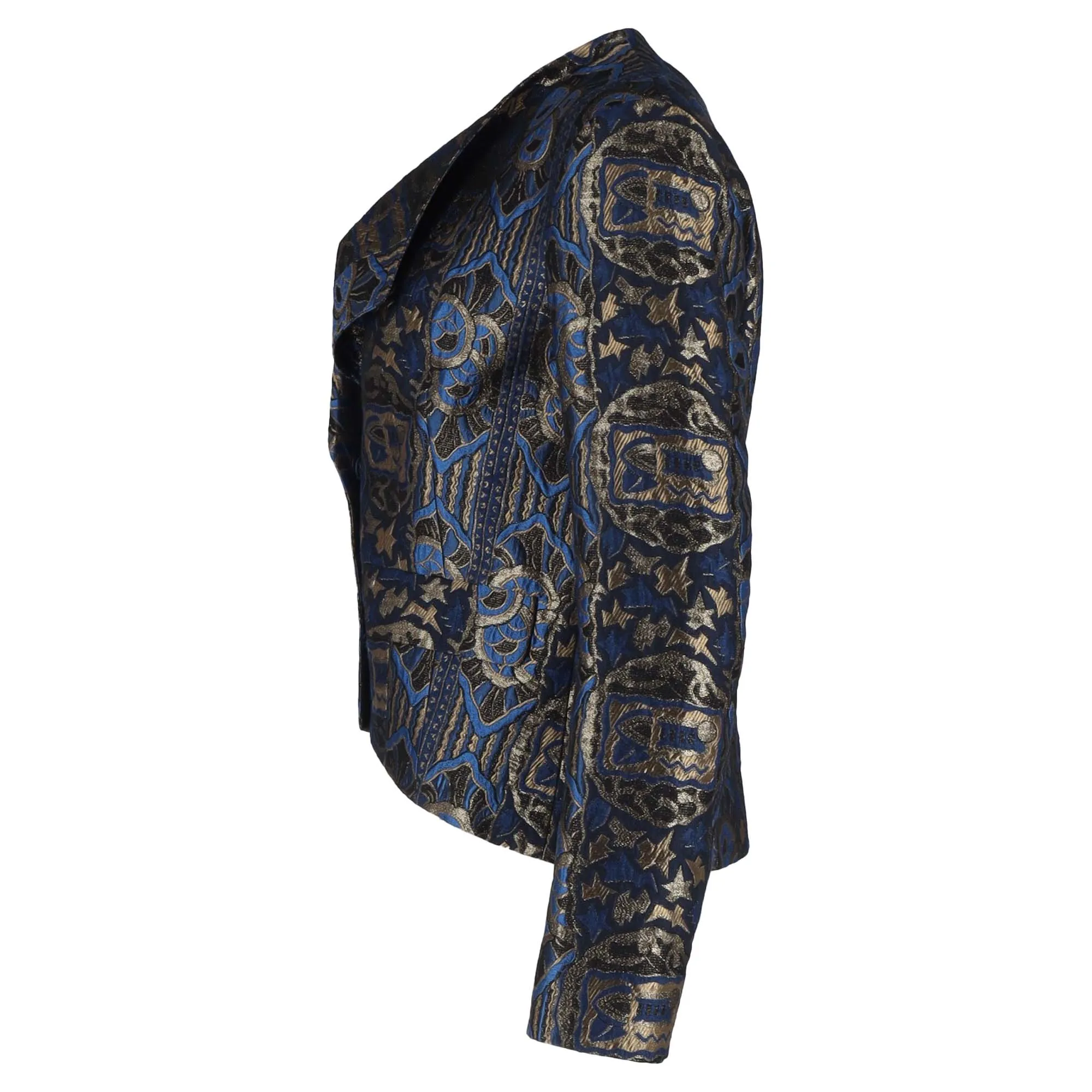Etro Lurex Embroidered Jacquard Blazer in Blue and Gold Silk