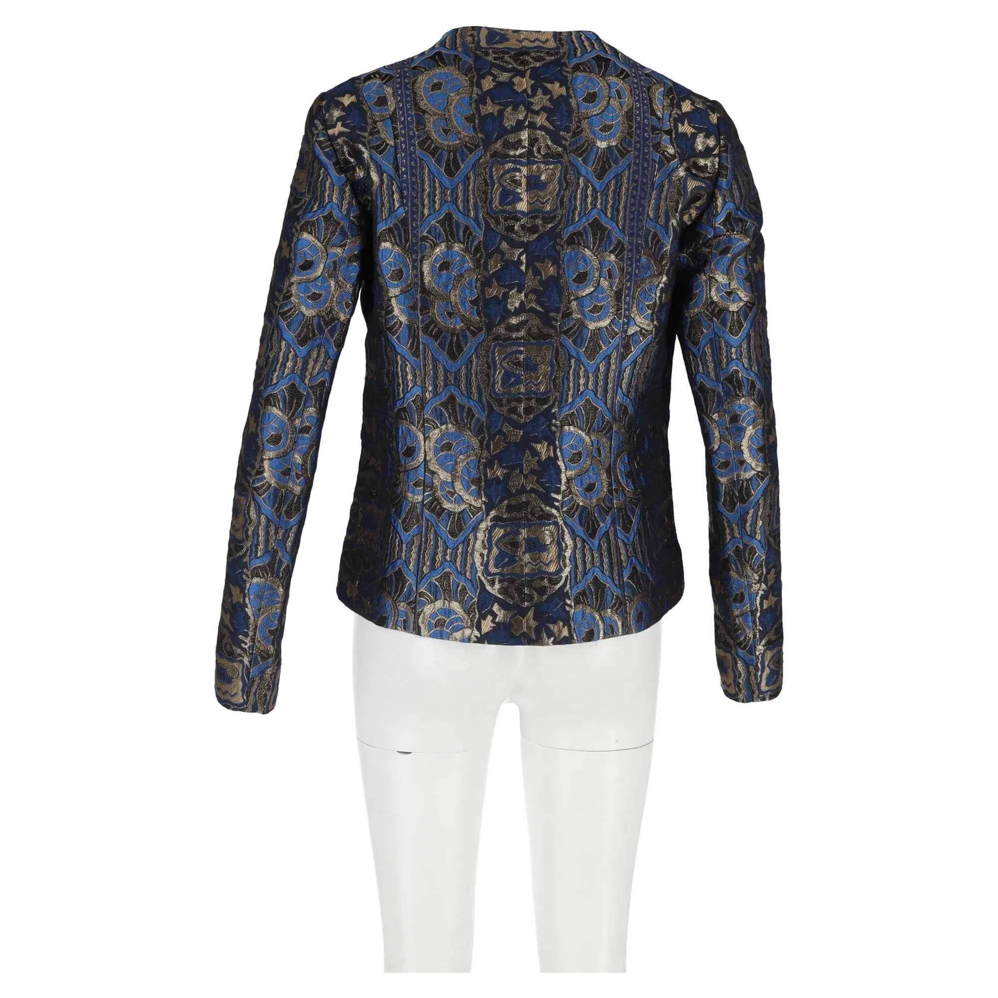 Etro Lurex Embroidered Jacquard Blazer in Blue and Gold Silk