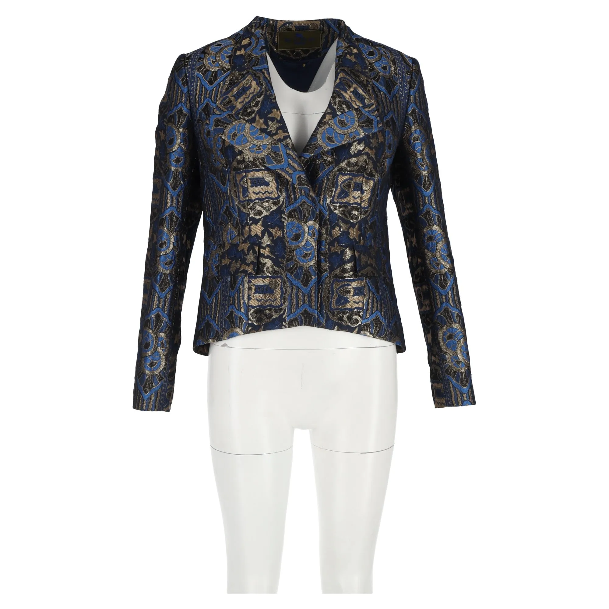 Etro Lurex Embroidered Jacquard Blazer in Blue and Gold Silk