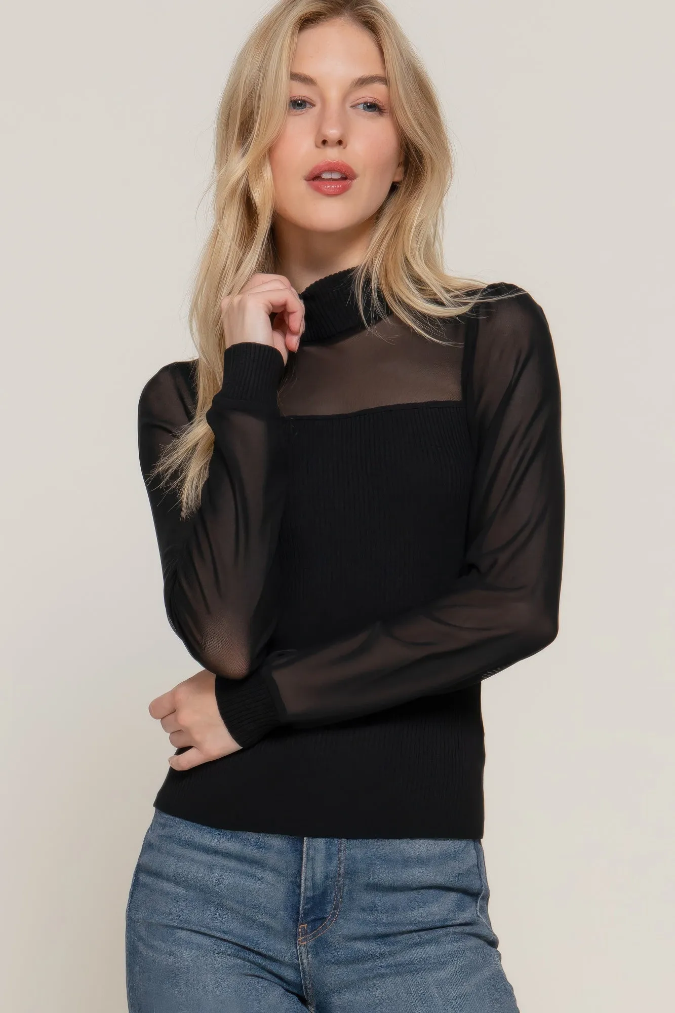 FASHNZFAB Women's Long Slv Mesh Panel Detail Sweater Top