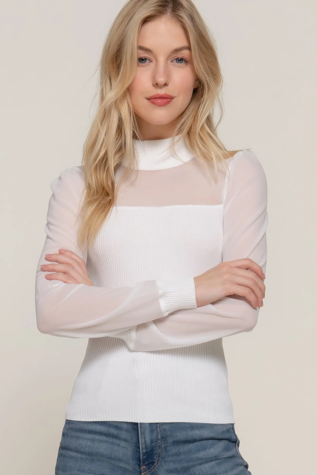 FASHNZFAB Women's Long Slv Mesh Panel Detail Sweater Top